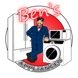 Bens appliances logo - image of ben's character leaning on dryer with microwave and refrigerator in background